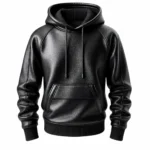 Men’s Black Real Leather Pullover Hoodie with Front Pocket