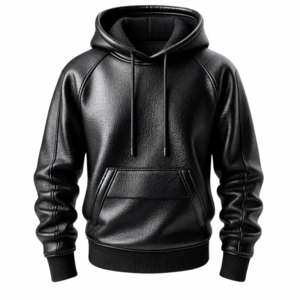 Men’s Black Real Leather Pullover Hoodie with Front Pocket