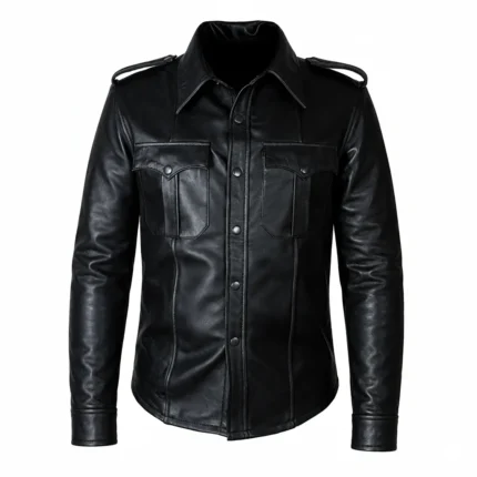 Men’s Black Real Leather Long Sleeve Button-Up Shirt