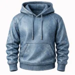 Men’s Blue Distressed Leather Pullover Hoodie with Front Pocket