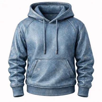 Men’s Blue Distressed Leather Pullover Hoodie with Front Pocket