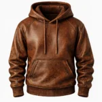 Men’s Brown Distressed Leather Pullover Hoodie with Front Pocket