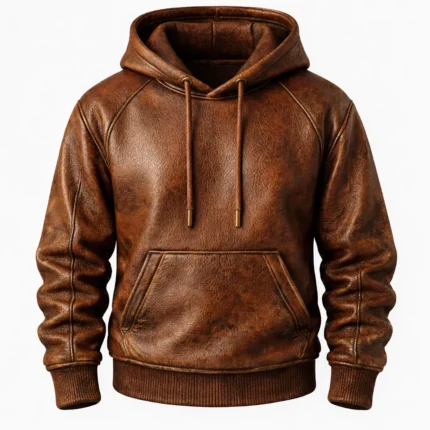 Men’s Brown Distressed Leather Pullover Hoodie with Front Pocket