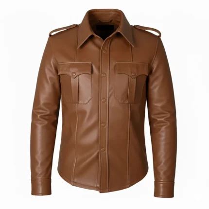 Men’s Brown Sheep Leather Shirt with Genuine Lambskin Button-Up Design