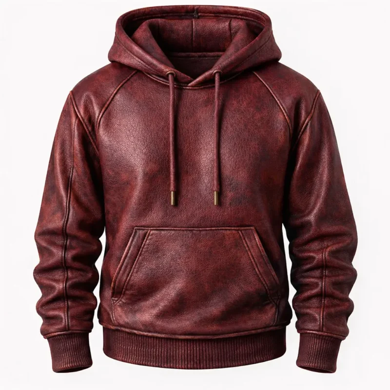 Burgundy real leather hoodie for men with hood, zipper closure, and kangaroo pocket