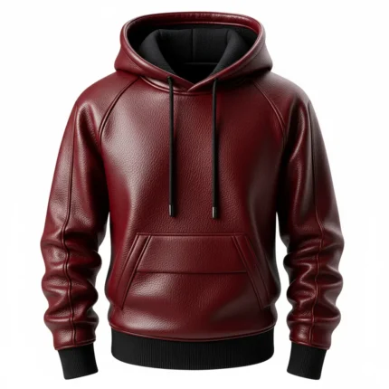 Men’s Burgundy Real Leather Pullover Hoodie with Front Pocket
