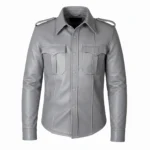 Men’s Grey Real Leather Long Sleeve Button-Up Shirt