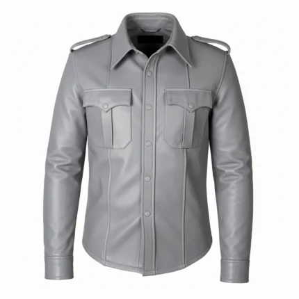 Men’s Grey Real Leather Long Sleeve Button-Up Shirt