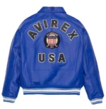 Men’s real Avirex blue leather jacket in pilot flight American bomber style with classic aviator-inspired design.