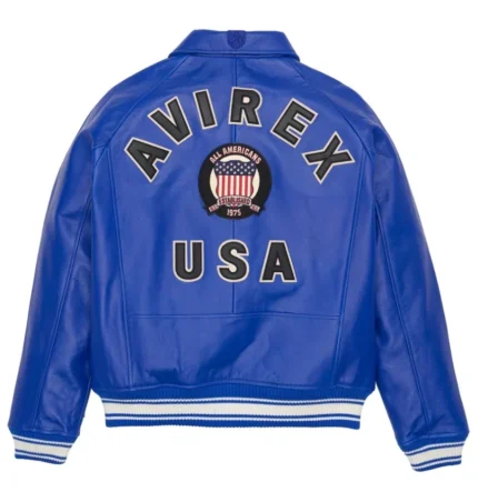 Men’s real Avirex blue leather jacket in pilot flight American bomber style with classic aviator-inspired design.