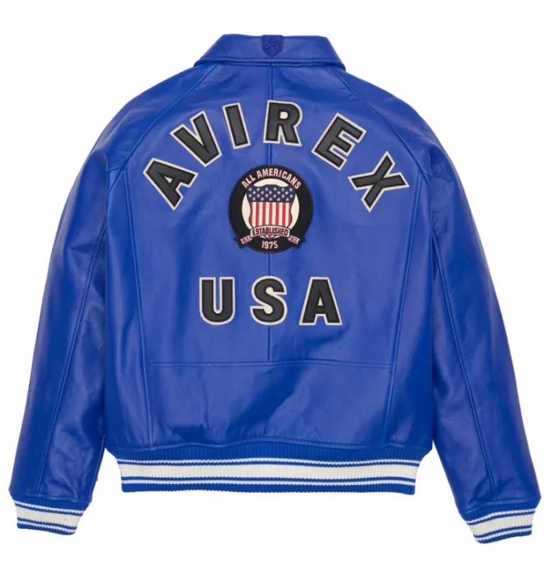 Men’s real Avirex blue leather jacket in pilot flight American bomber style with classic aviator-inspired design.