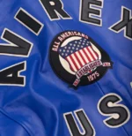 Men’s real Avirex blue leather jacket in pilot flight American bomber style with classic aviator-inspired design.