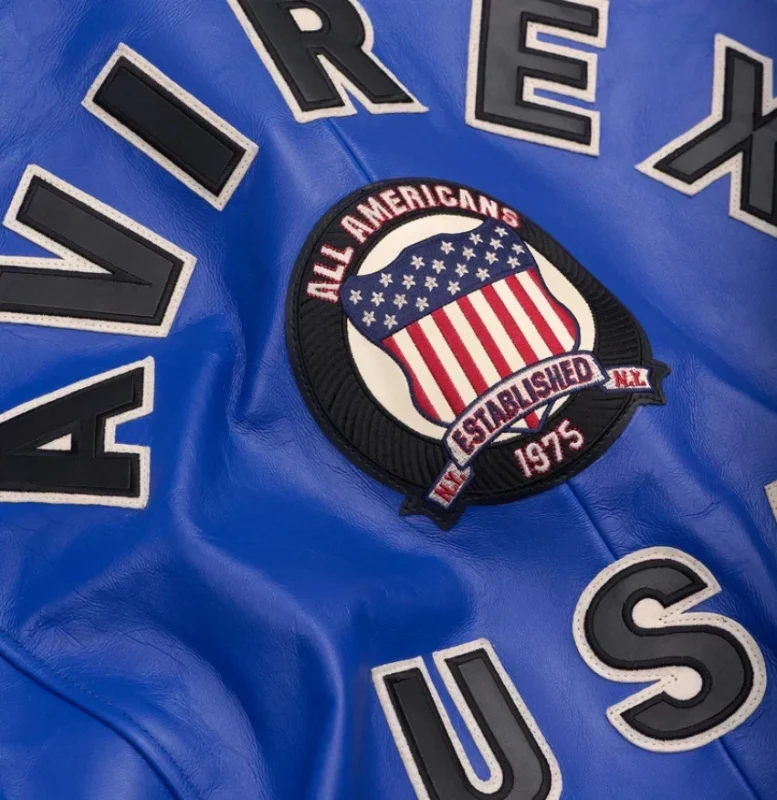 Men’s real Avirex blue leather jacket in pilot flight American bomber style with classic aviator-inspired design.