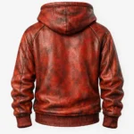 Men’s Red Distressed Leather Hoodie with Drawstring Hood and Kangaroo Pocket