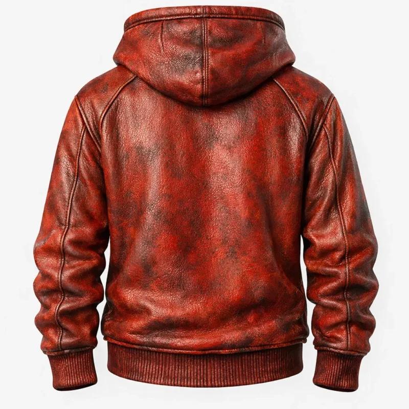 Men’s Red Distressed Leather Hoodie with Drawstring Hood and Kangaroo Pocket