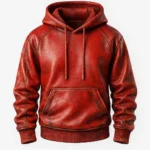 Men’s Red Distressed Leather Pullover Hoodie with Front Pocket