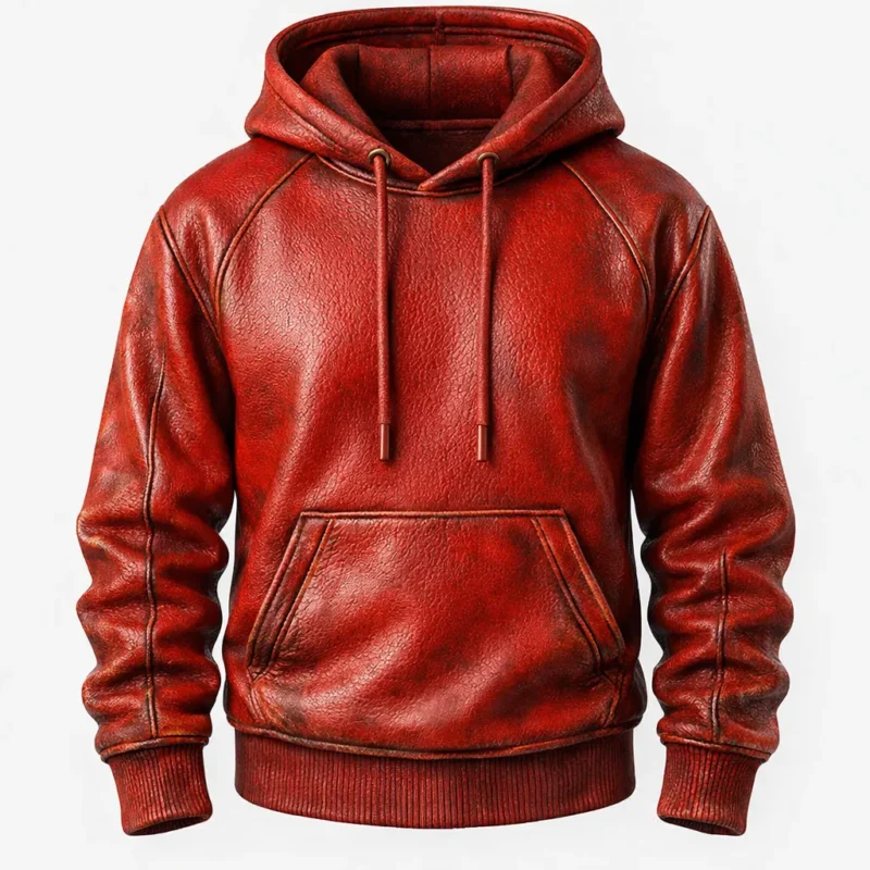 Men’s Red Distressed Leather Pullover Hoodie with Front Pocket