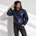 Midnight Valor Blue Leather Hoodie featuring a deep navy finish, drawstring hood, kangaroo pocket, and ribbed cuffs and hem.