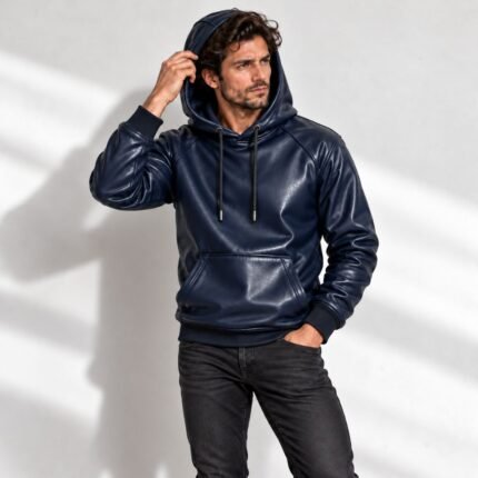 Midnight Valor Blue Leather Hoodie featuring a deep navy finish, drawstring hood, kangaroo pocket, and ribbed cuffs and hem.