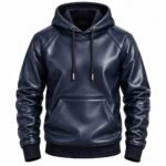 Navy blue leather hoodie showcasing textured leather grain, metallic drawstring tips, detailed stitching, and a structured hood.