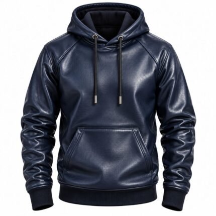 Navy blue leather hoodie showcasing textured leather grain, metallic drawstring tips, detailed stitching, and a structured hood.