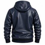 Midnight Valor Blue Leather Hoodie with a structured hood, stitched shoulder panels, natural leather creases, and ribbed trims.