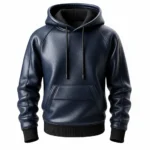 Men’s Navy Blue Real Leather Pullover Hoodie with Front Pocket