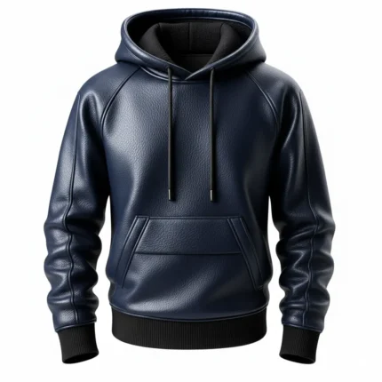 Men’s Navy Blue Real Leather Pullover Hoodie with Front Pocket