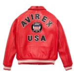 Men’s red leather bomber jacket front view with USA patch by Leather Point