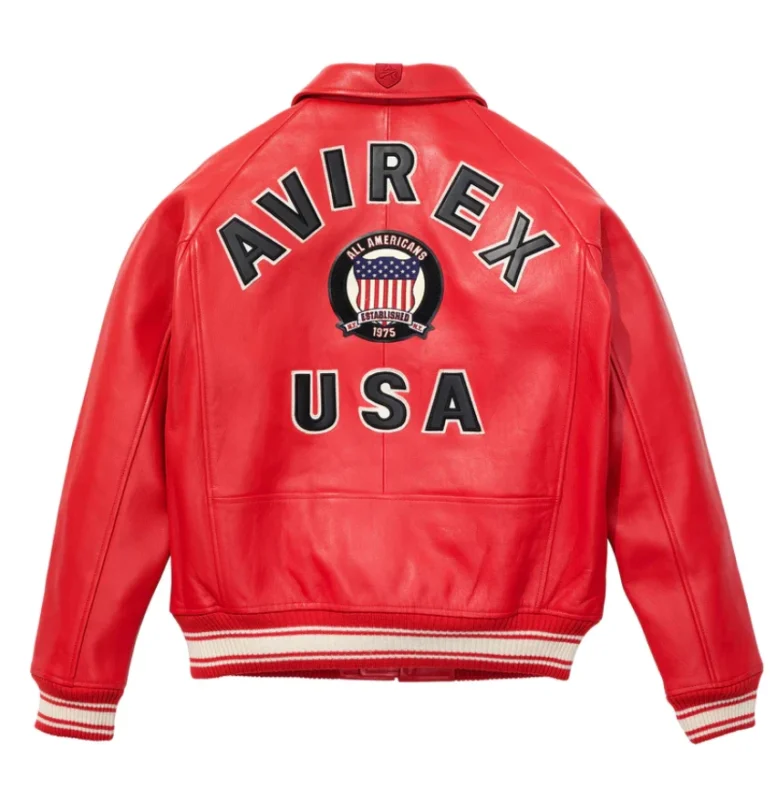 Men’s red leather bomber jacket front view with USA patch by Leather Point