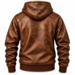 Rear of the Rustwood Distressed Leather Hoodie showing a paneled hood, mottled brown texture, raglan shoulder seams, long sleeves, and ribbed waistband