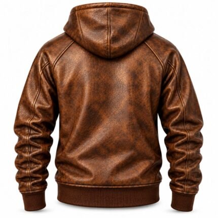 Rear of the Rustwood Distressed Leather Hoodie showing a paneled hood, mottled brown texture, raglan shoulder seams, long sleeves, and ribbed waistband