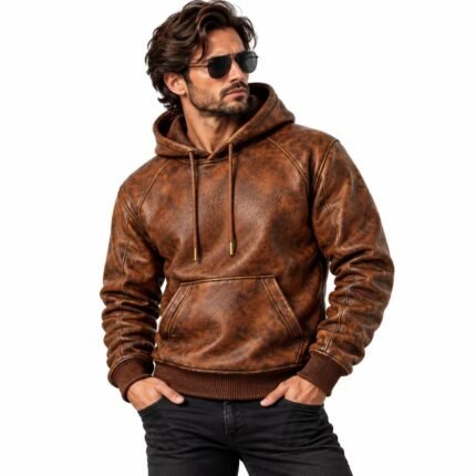 Rustwood Distressed Leather Hoodie worn by a male model, featuring a vintage brown finish, adjustable drawstrings, raglan sleeves, and front kangaroo pocket