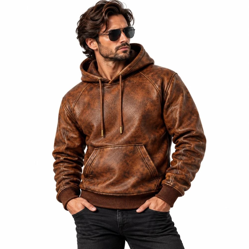 rustwood-distressed-leather-hoodie-model.jpg Rustwood Distressed Leather Hoodie worn by a male model, featuring a vintage brown finish, adjustable drawstrings, raglan sleeves, and front kangaroo pocket