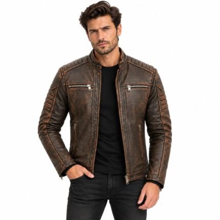 Sentinel Brown & Black Distressed Leather Biker Jacket