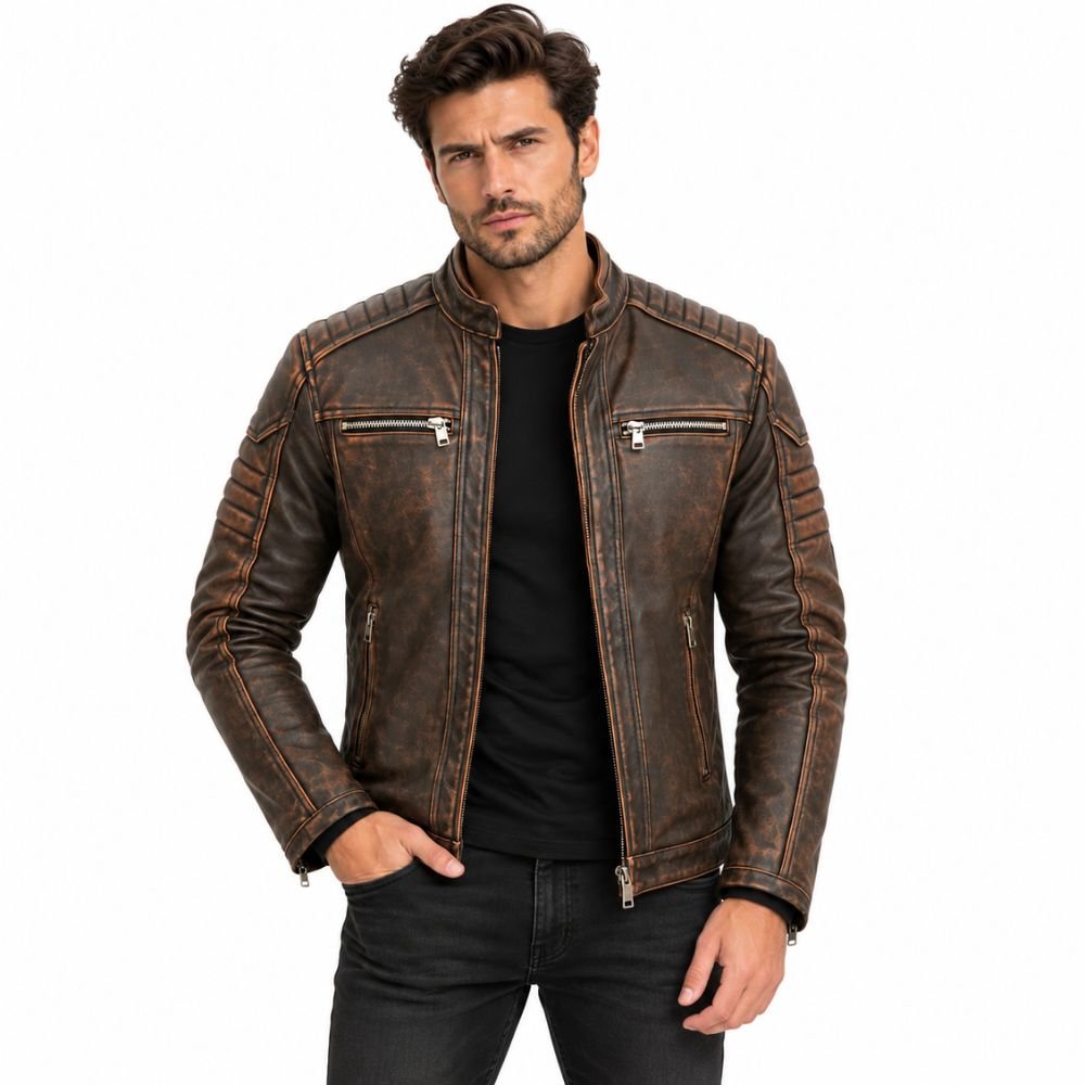 sentinel-brown-black-distressed-leather-biker-jacket Sentinel Brown & Black Distressed Leather Biker Jacket