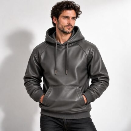 Charcoal grey leather hoodie featuring a lined hood, metal-tipped drawstrings, fine leather texture, and stitched kangaroo pocket.