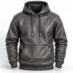 Charcoal grey leather hoodie with a structured hood, stitched shoulder panels, natural sleeve creases, and ribbed cuffs and hem.