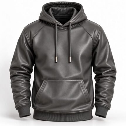 Charcoal grey leather hoodie with a structured hood, stitched shoulder panels, natural sleeve creases, and ribbed cuffs and hem.