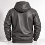 Charcoal grey leather hoodie with a structured hood, stitched shoulder panels, natural sleeve creases, and ribbed cuffs and hem.