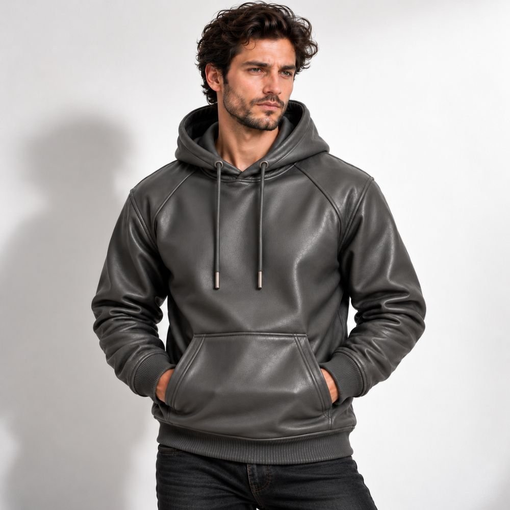 shadowforge-charcoal-grey-leather-hoodie Charcoal grey leather hoodie featuring a lined hood, metal-tipped drawstrings, fine leather texture, and stitched kangaroo pocket.