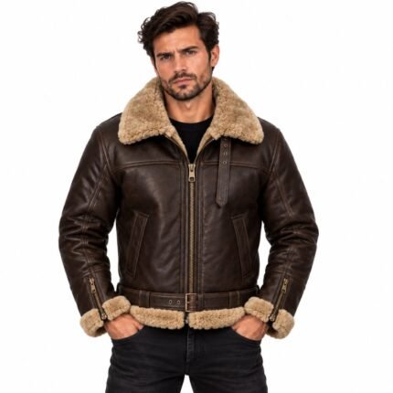 Men's brown sheepskin leather bomber jacket with cream fur collar, cuffs, and hem