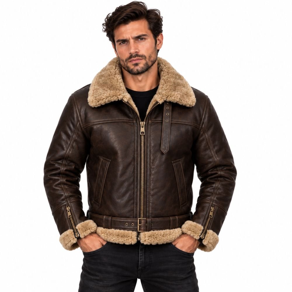 valor-brown-sheepskin-leather-bomber-jacket Men's brown sheepskin leather bomber jacket with cream fur collar, cuffs, and hem