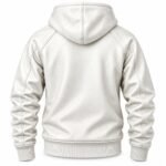 White leather pullover hoodie with a textured surface, lined drawstring hood, silver-tone cord tips, stitched kangaroo pocket, and ribbed cuffs