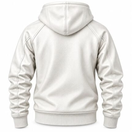 White leather pullover hoodie with a textured surface, lined drawstring hood, silver-tone cord tips, stitched kangaroo pocket, and ribbed cuffs
