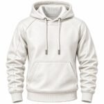 Rear of a white leather pullover hoodie showing a paneled hood, textured finish, raglan shoulder seams, long sleeves, and ribbed waistband
