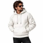 White leather pullover hoodie worn by a male model, featuring a textured finish, adjustable drawstrings, raglan sleeves, and kangaroo pocket