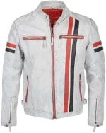 White Men's Vintage Stripes Leather Jacket with red and black racing stripes, stand-up collar, front zipper closure, and premium genuine leather construction.