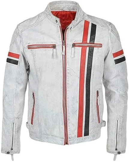 White Men's Vintage Stripes Leather Jacket with red and black racing stripes, stand-up collar, front zipper closure, and premium genuine leather construction.