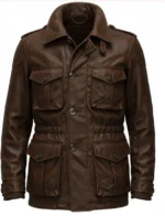 Hawkbound Men's Premium Brown Cowhide Leather Field Jacket with Four Utility Pockets and Button Front